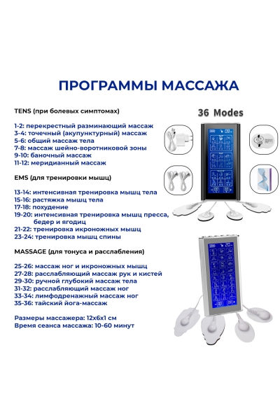 Массажер миостимулятор для тела, EMS-450, 2 канала, с EMS и TENS технологией, 36 режимов массажа, беспроводной Массажер миостимулятор для тела, EMS-450, 2 канала, с EMS и TENS технологией, 36 режимов массажа, беспроводной