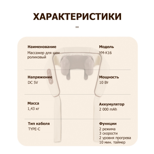 Массажер для шеи и плеч KZ0310 электрический, c 6 роликами, щипковым механизмом и ИК прогревом, беспроводной