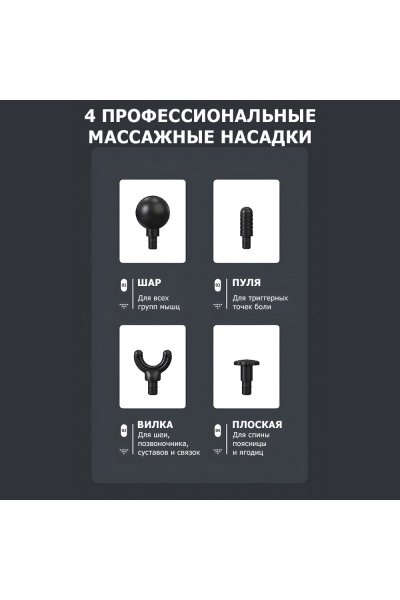 Массажер для тела перкуссионный MSG-012 электрический, вибрационный, 4 насадки, беспроводной Массажер для тела перкуссионный MSG-012 электрический, вибрационный, 4 насадки, беспроводной